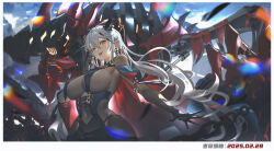 1girl absurdres aegir_(azur_lane) azur_lane black_gloves black_horns breasts covered_navel cowboy_shot cross cross_earrings dated dragon_horns earrings gloves highres horns jewelry laocome large_breasts long_hair looking_at_viewer multicolored_hair non-humanoid_robot outstretched_arm red_hair robot robot_dragon solo streaked_hair two-tone_hair very_long_hair white_hair yellow_eyes