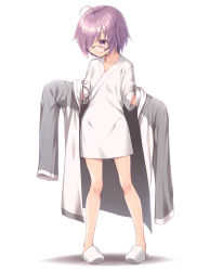 Rule 34 | 1girl, aged down, ahoge, bare legs, black-framed eyewear, child, collarbone, commentary request, fate/grand order, fate (series), full body, glasses, hair over one eye, jacket, long sleeves, looking down, mash kyrielight, nullken, open clothes, open jacket, oversized clothes, pigeon-toed, purple eyes, purple hair, short hair, simple background, slippers, solo, standing, white background, white footwear, white jacket