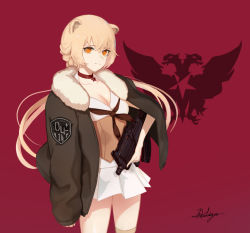 Rule 34 | 1girl, :3, animal ears, arknights, assault rifle, bear ears, blonde hair, braid, breasts, bullpup, chaciooh, choker, cleavage, dress, fur-trimmed jacket, fur trim, girls&#039; frontline, gun, highres, holding, holding gun, holding weapon, jacket, long hair, looking at viewer, ots-14 (girls&#039; frontline), ots-14 groza, ponytail, red background, red choker, rifle, signature, single thighhigh, sleeveless, sleeveless dress, smile, solo, thighhighs, ursus empire logo, very long hair, vest, weapon, yellow eyes