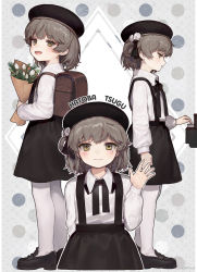Rule 34 | 1girl, ainy, backpack, bad id, bad pixiv id, bag, beret, black beret, black footwear, black hat, black ribbon, black skirt, blouse, blush, brown eyes, brown hair, character name, collared shirt, flower, hat, hatoba tsugu, highres, holding, holding flower, long sleeves, looking at viewer, md5 mismatch, mole, mole under eye, multiple views, neck ribbon, pantyhose, randoseru, resolution mismatch, ribbon, shirt, shoes, short hair, skirt, smile, standing, suspender skirt, suspenders, virtual youtuber, white flower, white pantyhose, white shirt