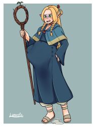 1girl belly big_belly commentary dungeon_meshi english_commentary highres holding holding_staff lunarpix_(artist) marcille_donato pregnant solo staff stomach stomach_bulge