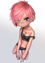 Rule 34 | 1girl, abs, warrior of light (ff14), black shorts, blue eyes, blush, breasts, character request, chibi, cleavage, closed mouth, final fantasy, final fantasy xiv, grey background, heterochromia, highres, kilye kairi, looking at viewer, micro shorts, mole, mole under eye, own hands together, pink eyes, pink hair, short hair, shorts, simple background, smile, solo, strap slip, tank top