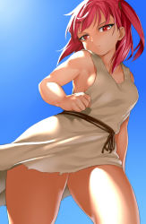 Rule 34 | 1girl, clenched hand, hair tie, highres, magi the labyrinth of magic, morgiana, onsoku inu, open mouth, red eyes, red hair, short hair, side ponytail, simple background, solo