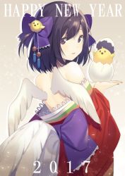 Rule 34 | 1girl, bare shoulders, bird, black eyes, black hair, bow, chick, chinese zodiac, egg, hair bow, happy new year, hatching, japanese clothes, kimono, natasha (pommier), new year, original, short hair, solo, wings, year of the rooster