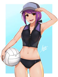 Rule 34 | 1girl, :d, absurdres, airisubaka, arm up, armpits, ball, bandaid, bandaid on cheek, bandaid on face, bare arms, bare shoulders, baseball cap, black ribbon, breasts, brown hair, cleavage, collarbone, cowboy shot, eyes visible through hair, hair ribbon, hand on headwear, hat, highres, holding, holding ball, long hair, looking at viewer, low ponytail, midriff, navel, open mouth, original, outline, purple hair, ribbon, signature, simple background, smile, solo, tan, tanline, teeth, upper teeth only, v-shaped eyebrows, volleyball (object), white outline