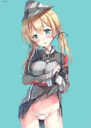 Rule 34 | 10s, 1girl, anchor hair ornament, aqua background, aqua eyes, black ribbon, black skirt, blonde hair, blush, breasts, clothes lift, commentary request, cowboy shot, cross, gloves, hair between eyes, hair ornament, hat, head tilt, iron cross, kantai collection, lifted by self, long hair, long sleeves, looking at viewer, low twintails, medium breasts, microskirt, military, military hat, military uniform, navel, open mouth, panties, peaked cap, prinz eugen (kancolle), ribbon, round teeth, side-tie panties, simple background, skirt, skirt lift, smile, solo, sousouman, standing, teeth, twintails, underwear, uniform, wet, wet clothes, wet hair, white gloves, white panties