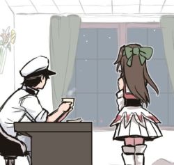 Rule 34 | 1boy, 1girl, admiral (kancolle), black hair, bow, brown hair, commentary request, from behind, hair bow, hat, indoors, jintsuu (kancolle), kantai collection, long hair, looking away, lowres, military, military uniform, night, peaked cap, pleated skirt, remodel (kantai collection), skirt, terrajin, thighhighs, uniform, window