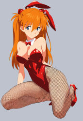 Rule 34 | 1girl, animal ears, ass, bare shoulders, breasts, cleavage, curvy, detached collar, fake animal ears, fake tail, full body, hair between eyes, hair ornament, highleg, highleg leotard, highres, jaaaan, kneeling, legs apart, leotard, long hair, looking at viewer, neon genesis evangelion, orange hair, playboy bunny, rabbit ears, red leotard, shiny clothes, shiny skin, simple background, skin tight, skindentation, smile, solo, souryuu asuka langley, tail, thong leotard, two side up, very long hair, wide hips