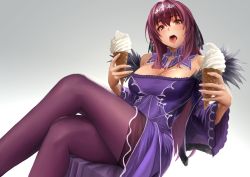 Rule 34 | 1girl, :o, bare shoulders, breasts, cleavage, dress, fate/grand order, fate (series), food, food on body, food on breasts, gradient background, grey background, ice cream, ice cream cone, large breasts, long hair, looking at viewer, open mouth, pantyhose, purple dress, purple hair, purple pantyhose, red eyes, scathach (fate), scathach skadi (fate), sitting, soft serve, solo, tongue, white background, yamaneko (tkdrumsco)