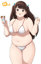 Rule 34 | 1girl, :d, accio, belly, bikini, black eyes, blush, breasts, brown hair, cleavage, fat, food, hair ribbon, happy, ice cream, ice cream cone, large breasts, looking at viewer, medium breasts, open mouth, original, plump, ribbon, simple background, smile, solo, sweatdrop, swimsuit, tanuma miyuki, thick arms, thick thighs, thighs, twintails, w arms, waffle cone, white background, white bikini