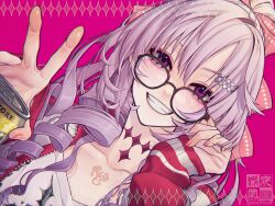 Rule 34 | 1girl, adjusting eyewear, black-framed eyewear, bow, can, chest tattoo, collarbone, drill hair, drill sidelocks, fingernails, glasses, hair bow, highres, holding, holding can, hyakumantenbara salome, hyakumantenbara salome (casual), jacket, light purple hair, lips, long hair, looking at viewer, nijisanji, official alternate costume, pink background, pink bow, pink nails, ponytail, purple eyes, red jacket, red track suit, scorpion tattoo, sidelocks, smile, solo, strong zero, tattoo, teeth, track jacket, twitter username, v, virtual youtuber, yokaze (xxxdisxxx)