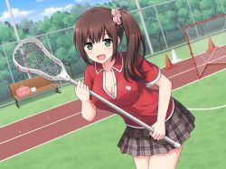 Rule 34 | 1girl, :d, blush, bra, bra peek, breasts, brown hair, brown skirt, cleavage, commentary request, day, green eyes, hair ornament, hair scrunchie, holding, holding racket, lacrosse, large breasts, long hair, looking at viewer, nakamura sumikage, open mouth, original, outdoors, pink scrunchie, plaid, plaid skirt, pleated skirt, racket, red shirt, scrunchie, shirt, short sleeves, side ponytail, sidelocks, skirt, smile, solo, underwear