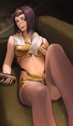 Rule 34 | 1girl, absurdres, bare arms, bare shoulders, breasts, breasts apart, can, collarbone, collared shirt, commentary, couch, cowboy bebop, crop top, dress shirt, faye valentine, green eyes, grin, hairband, highleg, highleg panties, highres, holding, holding can, holding towel, impossible clothes, impossible shirt, indoors, knees up, large breasts, limart, lipstick, looking at viewer, makeup, midriff, mixed-language commentary, navel, on couch, panties, purple hair, reclining, shirt, short hair, short shorts, shorts, sleeveless, sleeveless shirt, smile, solo, stairs, thighhighs, towel, towel around neck, underwear, white towel, wing collar, yellow hairband, yellow shirt, yellow shorts, zipper