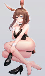 Rule 34 | 1girl, absurdres, alternate costume, amiya (arknights), animal ears, arknights, artist name, bare legs, bare shoulders, barefoot, black bow, black bowtie, black footwear, black leotard, blue eyes, bow, bowtie, breasts, brown hair, collar, detached collar, feet, finger to mouth, grey background, hair between eyes, high heels, highres, holding, holding clothes, holding footwear, kaleid, leotard, long hair, looking at viewer, lying, medium breasts, playboy bunny, rabbit ears, rabbit girl, rabbit tail, solo, tail, thighs, toes, white collar, white wrist cuffs, wrist cuffs