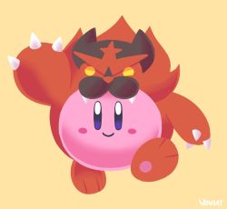 Rule 34 | artist name, blush stickers, closed mouth, commentary, creatures (company), english commentary, game freak, gen 7 pokemon, incineroar, kirby, kirby (series), looking at viewer, nintendo, pokemon, purple eyes, signature, simple background, smile, voviat, yellow background