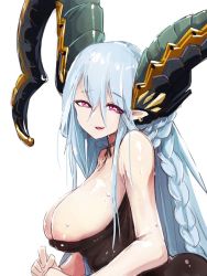 Rule 34 | + +, 1girl, areola slip, artist request, blue hair, blush, braid, breasts, curled horns, fate/grand order, fate (series), glands of montgomery, hair between eyes, horns, large breasts, long hair, long horns, looking at viewer, open mouth, pointy ears, purple eyes, simple background, smile, solo, symbol-shaped pupils, tiamat (fate), upper body, white background