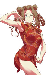 Rule 34 | 1girl, absurdres, aqua eyes, armpits, braid, brown hair, china dress, chinese clothes, double bun, dress, evep (all-dance), hand up, highres, idolmaster, idolmaster million live!, long hair, nail polish, nikaidou chizuru, one eye closed, red nails, simple background, smile, solo, standing, white background