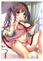 Rule 34 | 1girl, :d, absurdres, artist name, babydoll, babydoll lift, bare shoulders, bed, bed sheet, bedroom, blue eyes, blush, border, breasts, brown hair, cleavage, collarbone, curtains, ezoshika, frilled babydoll, groin, hair between eyes, hair ornament, hair scrunchie, highres, indoors, large breasts, lifted by self, looking at viewer, navel, on bed, open mouth, original, otona no moeoh, panties, pillow, pink babydoll, pink panties, purple scrunchie, ribbon babydoll, scan, scrunchie, side-tie panties, sidelocks, sitting, smile, solo, stomach, string panties, two side up, underwear, untying, white border, window