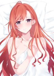 Rule 34 | 1girl, 777nasu, absurdres, ahoge, arisugawa natsuha, bed sheet, blanket, blush, breasts, collarbone, completely nude, covered erect nipples, covering privates, covering breasts, earrings, highres, holding, holding blanket, idolmaster, idolmaster shiny colors, jewelry, large breasts, light smile, long hair, looking at viewer, lying, nude, on back, orange hair, pillow, solo, upper body, very long hair