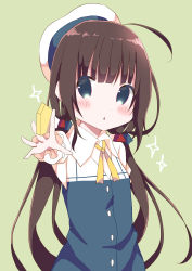 Rule 34 | 10s, 1girl, :&lt;, absurdres, ahoge, beret, between fingers, blue dress, blue eyes, blush, board game, brown hair, commentary request, dress, green background, hamada pengin, hat, highres, hinatsuru ai, holding, layered sleeves, long hair, long sleeves, looking at viewer, low twintails, outstretched arm, parted lips, puffy short sleeves, puffy sleeves, ryuuou no oshigoto!, school uniform, shogi, shogi piece, short over long sleeves, short sleeves, simple background, solo, sparkle, triangle mouth, twintails, upper body, very long hair, white hat