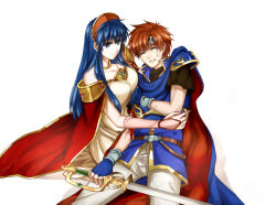 Rule 34 | 1boy, 1girl, aged up, armor, blood, blood on face, blue gloves, blue hair, brown hair, clenched teeth, cloak, closed mouth, collarbone, delsaber, dress, fingerless gloves, fire emblem, fire emblem: the binding blade, gloves, headband, holding, holding sword, holding weapon, lilina (fire emblem), long dress, long hair, nintendo, pants, red cloak, roy (fire emblem), shoulder armor, simple background, sword, teeth, very long hair, weapon, white background, white dress, white pants