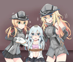 Rule 34 | 3girls, anchor hair ornament, anchor symbol, aqua eyes, arms behind back, bismarck (kancolle), black ribbon, black skirt, blonde hair, blue eyes, bound, bra, brown gloves, cross, cyberdemon no3, detached sleeves, flat cap, gloves, hair between eyes, hair ornament, hammer and sickle, hat, heavy breathing, hibiki (kancolle), highres, hitachi magic wand, iron cross, kantai collection, long hair, long sleeves, low twintails, military, military hat, military uniform, multiple girls, peaked cap, prinz eugen (kancolle), restrained, ribbon, rope, school uniform, serafuku, sex toy, silver hair, skirt, sweat, tears, tied up, training bra, twintails, underwear, uniform, verniy (kancolle), vibrator, white gloves