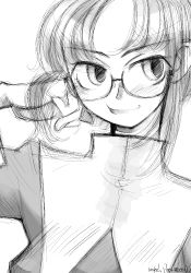 Rule 34 | 00s, 1girl, blush, ciel (tsukihime), eyebrows, glasses, greyscale, looking at viewer, mike156, monochrome, portrait, rimless eyewear, short hair, simple background, sketch, smile, solo, tsukihime, white background
