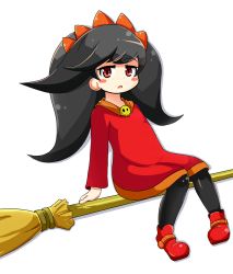 Rule 34 | 1girl, ashley (warioware), bamboo broom, big hair, black hair, black pantyhose, blush stickers, broom, broom riding, commentary request, dress, flat chest, full body, hairband, highres, korutana, long hair, long sleeves, looking at viewer, nintendo, open mouth, orange hairband, pantyhose, red dress, red eyes, red footwear, shadow, shoes, skull, solo, twintails, warioware, white background