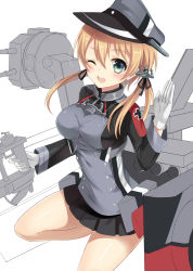 Rule 34 | 10s, 1girl, bad id, bad pixiv id, blonde hair, gloves, hair ornament, harimoji, hat, highres, kantai collection, long hair, machinery, one eye closed, open mouth, peaked cap, prinz eugen (kancolle), salute, smile, solo, twintails, uniform, waving