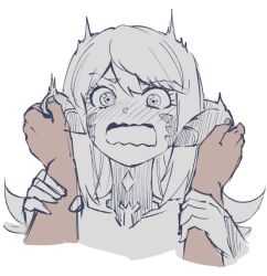 Rule 34 | 1girl, 1other, au ra, warrior of light (ff14), blush, collarbone, dragon girl, face, final fantasy, final fantasy xiv, fingernails, greyscale, horns, ishii hisao, long hair, monochrome, open mouth, simple background, sketch, surprised, tongue, uncommon stimulation, white background