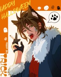Rule 34 | 1boy, absurdres, black gloves, blue jacket, brown hair, cigarette, commentary, fangs, fur-trimmed jacket, fur-trimmed sleeves, fur trim, gloves, green eyes, hair between eyes, happy halloween, highres, holding, holding cigarette, isoi reiji, jacket, long sleeves, male focus, open clothes, open jacket, open mouth, partially fingerless gloves, red shirt, saibou shinkyoku, sfdj, shirt, short hair, solo, spoken paw, symbol-only commentary, tongue, tongue out, trick or treat, upper body