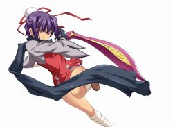 Rule 34 | 1girl, bandages, black gloves, black scarf, bun cover, dress, fighting stance, gloves, hair bun, hair ribbon, hikage eiji, holding, holding sword, holding weapon, japanese clothes, kannei, koihime musou, leg up, official art, purple eyes, purple hair, red dress, red ribbon, ribbon, scarf, short dress, short hair, simple background, single hair bun, solo, sword, weapon