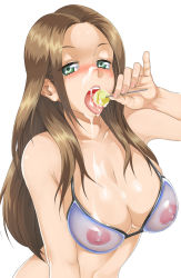 Rule 34 | 1girl, bad id, breasts, brown hair, candy, cum, cum on body, cum on breasts, cum on upper body, facial, food, green eyes, highres, lollipop, long hair, looking at viewer, nipples, open mouth, original, oxxo (dlengur), see-through, simple background, solo, tongue