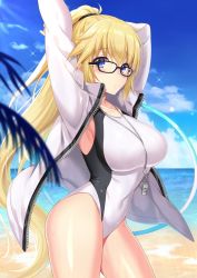 Rule 34 | 1girl, armpits, arms up, azuki yui, beach, blonde hair, breasts, competition swimsuit, day, fate/grand order, fate (series), from side, glasses, hair between eyes, jacket, jeanne d&#039;arc (fate), jeanne d&#039;arc (ruler) (fate), jeanne d&#039;arc (swimsuit archer) (fate), jeanne d&#039;arc (swimsuit archer) (second ascension) (fate), large breasts, long hair, narrow waist, ocean, one-piece swimsuit, outdoors, ponytail, sparkle, standing, swimsuit, swimsuit under clothes, thighs, very long hair, whistle, white one-piece swimsuit, zipper
