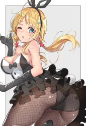 Rule 34 | 1girl, ahoge, animal ears, ass, bare shoulders, black bow, black bowtie, black gloves, black hairband, black panties, blonde hair, blowing kiss, blue eyes, blush, border, bow, bowtie, breasts, cleavage, cowboy shot, cure slum, dress, elbow gloves, fake animal ears, fake tail, fishnet pantyhose, fishnets, floating hair, from behind, gloves, grey background, hachimiya meguru, hair ornament, hairband, hairclip, hand up, highres, idolmaster, idolmaster shiny colors, large breasts, leg up, long hair, looking at viewer, looking back, low twintails, one eye closed, outside border, panties, pantyhose, parted lips, rabbit ears, rabbit tail, smile, solo, standing, standing on one leg, star (symbol), star hair ornament, strapless, strapless dress, tail, twintails, underwear, white border