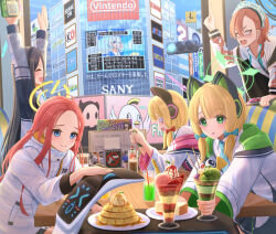 Rule 34 | 6+girls, aris (blue archive), arona (blue archive), blue archive, brand name imitation, building, dessert, drinking straw, food, fruit, fuuka (blue archive), glass, halo, handheld game console, highres, holding, holding handheld game console, ice cream, itsuki toiro, jacket, maid, midori (blue archive), mole, mole under eye, momoi (blue archive), multiple girls, neru (blue archive), nintendo switch, pancake, parfait, peroro (blue archive), plate, playing games, restaurant, school uniform, siblings, sign, sisters, strawberry, sweets, table, traffic light, twins, yuzu (blue archive)