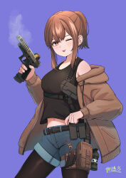 Rule 34 | 1girl, absurdres, ammunition pouch, artist name, belt, black belt, black shirt, black thighhighs, blue shorts, breasts, brown hair, brown jacket, casual, chest strap, commentary, commission, explosive, glock, grenade, gun, handgun, highres, holding, holding gun, holding weapon, holster, jacket, knife sheath, looking at viewer, medium breasts, navel, okapi (yomaigoto), one eye closed, orange eyes, original, pixiv commission, pouch, scope, sheath, shirt, shorts, solo, thighhighs, tongue, tongue out, weapon