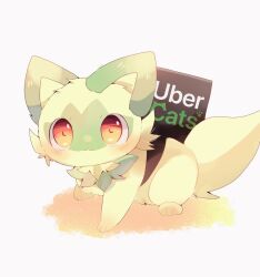 Rule 34 | blush, brand name imitation, creatures (company), english text, game freak, green fur, highres, looking at viewer, multicolored hair, nintendo, no humans, pokemon, pokemon (creature), red eyes, simple background, solo, sprigatito, two-tone hair, uber eats, white background, yupo 0322