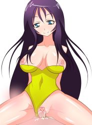 Rule 34 | 1990s (style), 1girl, arms behind back, bare shoulders, black hair, blue eyes, blush, body blush, breasts, censored, clothing aside, cowgirl position, cum, cum in pussy, final fantasy, final fantasy vii, girl on top, kageneko, large breasts, leotard, leotard aside, long hair, looking at viewer, nipple slip, nipples, penis, pollensalta, pov, purple hair, pussy, retro artstyle, sex, smile, solo, spread legs, straddling, sweat, vaginal