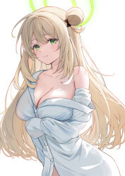 Rule 34 | 1girl, absurdres, alternate costume, blue archive, breasts, brown hair, collarbone, commentary request, green eyes, hair between eyes, hair bun, halo, highres, large breasts, leaning forward, long hair, long sleeves, looking at viewer, nonomi (blue archive), oversized clothes, oversized shirt, shirt, sidelocks, simple background, single side bun, sleeves past fingers, sleeves past wrists, solo, sora01o, white background, white shirt
