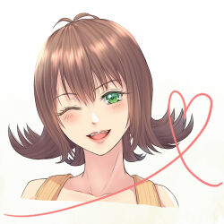 Rule 34 | 1girl, brown hair, final fantasy, final fantasy viii, flipped hair, green eyes, kiryuu sara (artist), lips, looking at viewer, one eye closed, open mouth, selphie tilmitt, short hair, simple background, smile, solo, white background