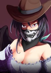 Rule 34 | ashiroku (miracle hinacle), bandana, bandana over mouth, black bandana, black hair, black wings, blue dress, breasts, brown background, brown headwear, cleavage, commentary request, cowboy hat, dress, feathered wings, frilled dress, frills, hat, highres, kurokoma saki, long hair, looking at viewer, medium breasts, off-shoulder dress, off shoulder, pegasus wings, ponytail, puffy short sleeves, puffy sleeves, red eyes, short sleeves, simple background, skull print, touhou, upper body, wings