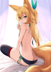 Rule 34 | 1girl, animal ear fluff, animal ears, ass, bare back, black panties, black thighhighs, blonde hair, breasts, butt crack, fox ears, fox tail, from behind, green eyes, hand to own mouth, knees up, long hair, looking back, multiple tails, original, panties, ponytail, ribbon, side-tie panties, sitting, small breasts, solo, tail, thighhighs, underwear, yoshizawa tsubaki