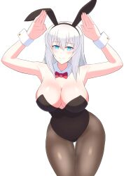 Rule 34 | 1girl, absurdres, animal ears, arms up, black leotard, blue eyes, blush, bow, bowtie, breasts, cleavage, closed mouth, collar, cowboy shot, curvy, detached collar, fake animal ears, girls und panzer, grey hair, grey pantyhose, highres, iteza (flapper girl 25), itsumi erika, large breasts, leaning forward, leotard, looking at viewer, medium hair, pantyhose, playboy bunny, rabbit ears, rabbit pose, red bow, red bowtie, simple background, smile, solo, standing, strapless, strapless leotard, thigh strap, white background, white collar, wing collar, wrist cuffs