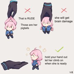 Rule 34 | 1girl, 1other, :&lt;, ahoge, arknights, black pantyhose, black shorts, blue jacket, blue poison (arknights), blush, chibi, closed mouth, commentary, doctor, english commentary, english text, grey background, hair between eyes, highres, how to hold x (meme), jacket, long hair, long sleeves, low twintails, meme, mini person, open clothes, open jacket, pantyhose, pantyhose under shorts, pink hair, ruri (dailybloopy), shorts, simple background, smile, twintails