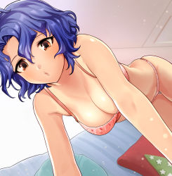 Rule 34 | 1girl, absurdres, all fours, arm support, bad id, bad pixiv id, bare arms, bare shoulders, blue hair, bra, breasts, brown eyes, ceiling, cleavage, couch, hair between eyes, hanamasa ono, highres, idolmaster, idolmaster million live!, incoming kiss, indoors, light blush, looking at viewer, medium breasts, navel, panties, pillow, pink bra, pink panties, pov, puckered lips, short hair, skindentation, solo, toyokawa fuka, underwear, underwear only