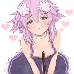 Rule 34 | 1girl, :o, bare shoulders, blush, breasts, choker, cleavage, commentary request, d-pad, d-pad hair ornament, dress, dura, food, hair between eyes, hair ornament, heart, heart background, looking at viewer, medium hair, neptune (neptunia), neptune (series), no bra, pocky, pocky day, purple dress, purple eyes, purple hair, small breasts, solo, white choker