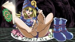 Rule 34 | 1girl, barefoot, blonde hair, book, boots, unworn boots, dark magician girl, feet, green eyes, hat, highres, long hair, open mouth, shoes, unworn shoes, soles, toes, yu-gi-oh!