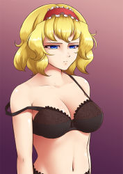 Rule 34 | 1girl, alice margatroid, arms at sides, black bra, black panties, blonde hair, blue eyes, bow, bow bra, bra, breasts, cleavage, collarbone, colored eyelashes, frown, gradient background, hairband, lace, lace-trimmed bra, lace-trimmed panties, lace trim, large breasts, mazume, navel, panties, purple background, shiny skin, short hair, solo, stomach, strap slip, touhou, underwear, upper body