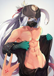 Rule 34 | 1boy, abs, animal, asclepius (fate), bad id, bad pixiv id, bare pectorals, bare shoulders, black headwear, black jacket, collarbone, colored eyelashes, command spell, commentary request, crossed bangs, fate/grand order, fate (series), green eyes, grey background, hair between eyes, highres, jacket, long hair, looking at viewer, male focus, navel, off shoulder, open clothes, open jacket, out of frame, pectorals, respirator, ruri rarako, silver hair, snake, solo focus, very long hair, white snake